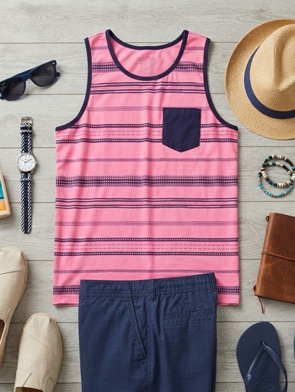 Men's Pink Striped Pocket Tank